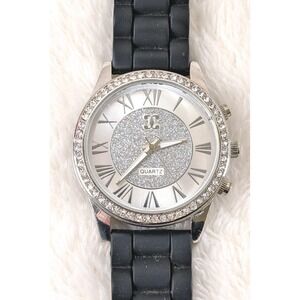 Silver Glitter Dial Quartz Watch w/ Rhinestone Bezel & Black Silicone Band – New